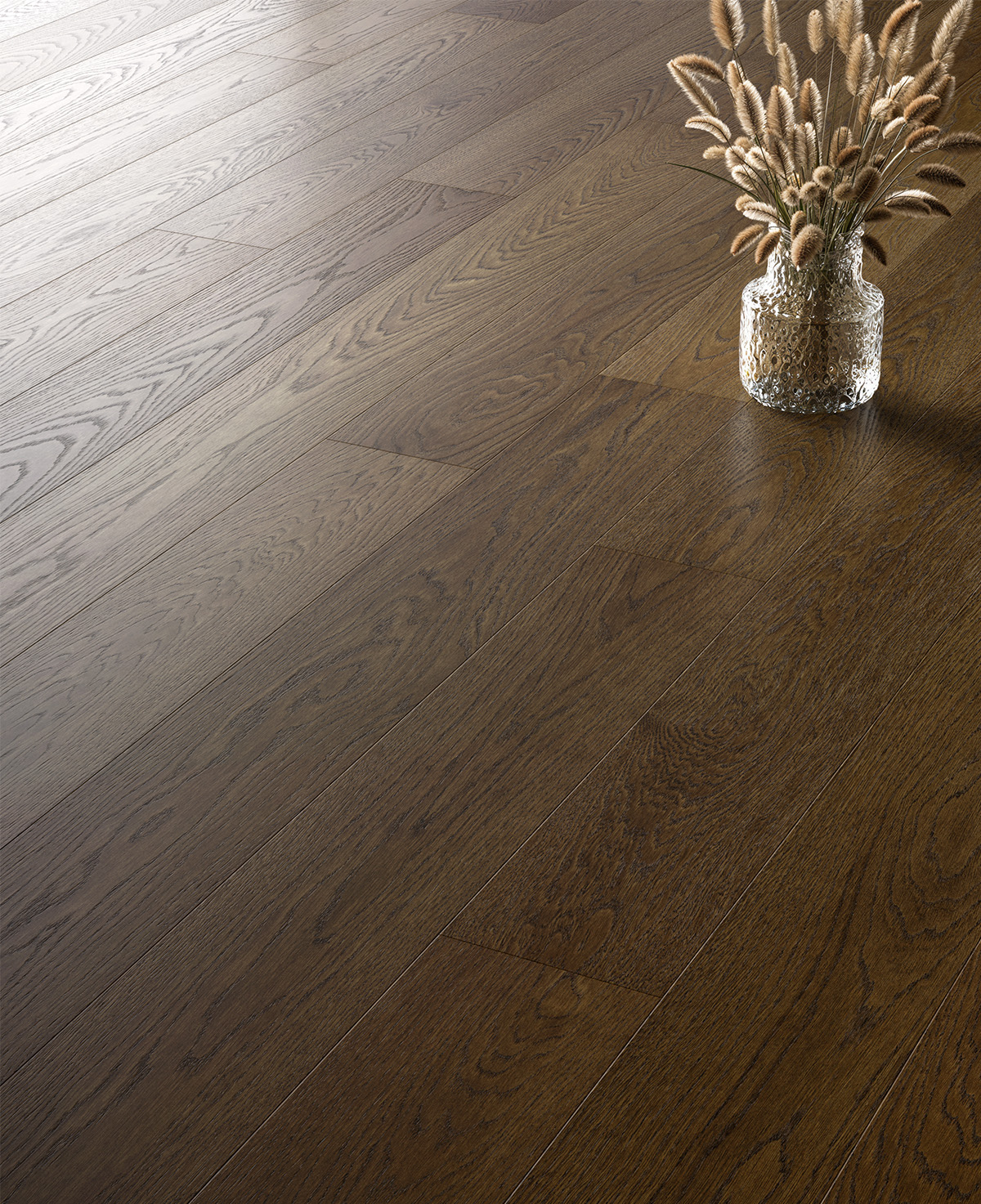 Detalle del parqué de roble oscuro Moka Berti con vetas de la madera cepilladas